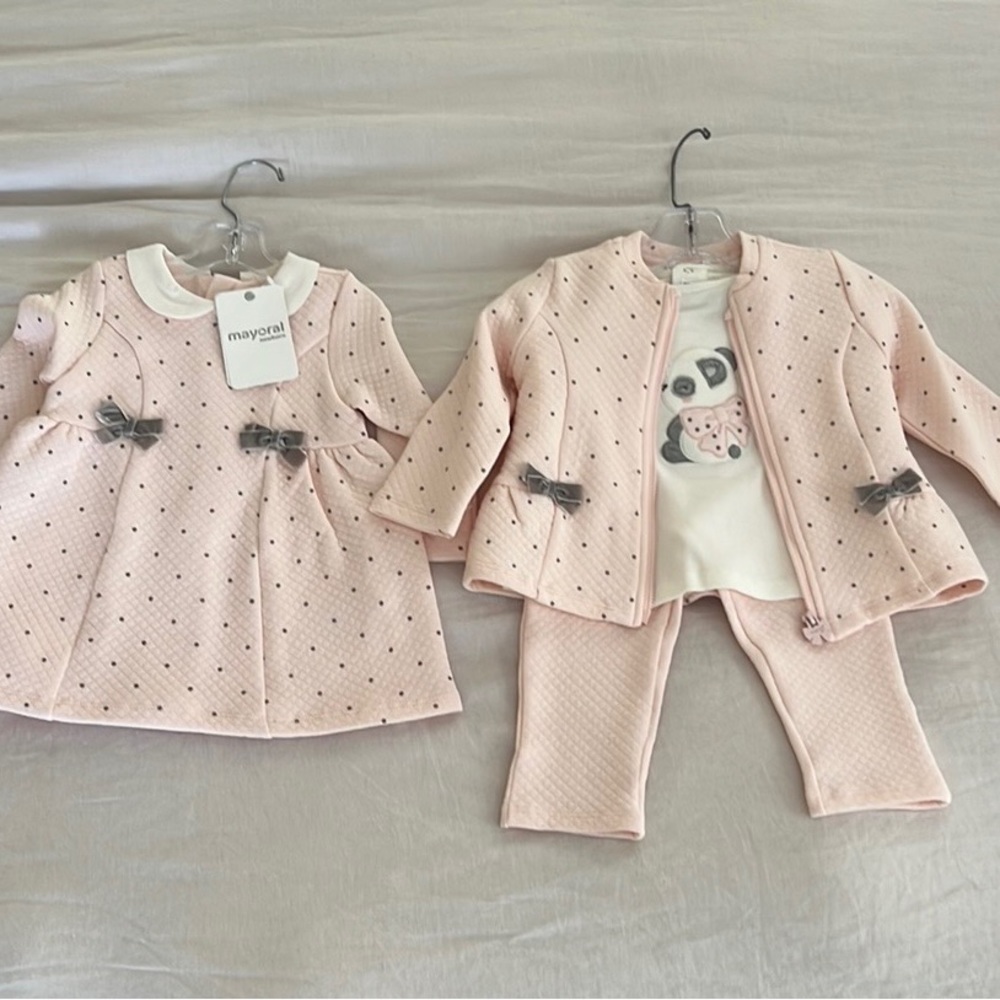 Mayoral girl’s quilted knit polka dot dress and matching 3 piece set NWT